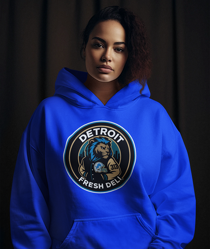 Detroit Lion Fresh Deli Unisex Pullover Hoodie | Detroit lion inspired streetwear hoodie | Detroit Fresh Deli lion unisex hoodie | urban Detroit lion pullover hoodie | premium Detroit lion casual hoodie