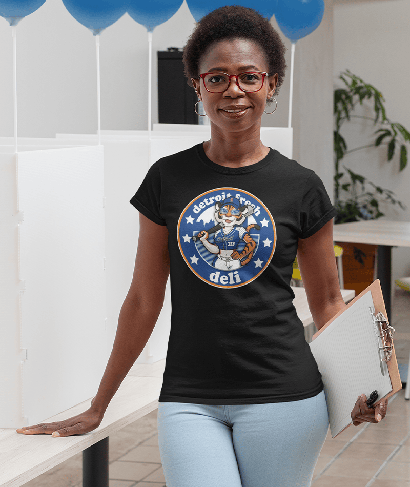 detroit fresh deli lady tiger unisex crewneck t-shirt | detroit women’s crewneck tee | lady tiger fan shirt | fresh deli unisex t-shirt | motor city lady tiger tee